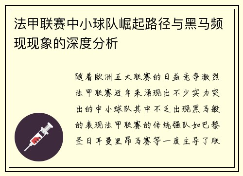 法甲联赛中小球队崛起路径与黑马频现现象的深度分析