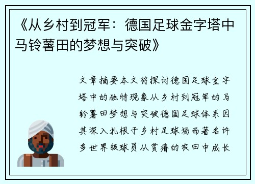 《从乡村到冠军：德国足球金字塔中马铃薯田的梦想与突破》