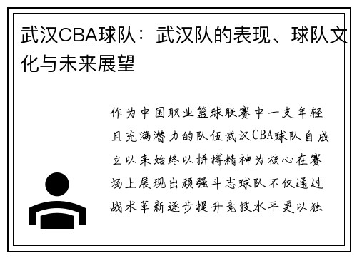 武汉CBA球队：武汉队的表现、球队文化与未来展望